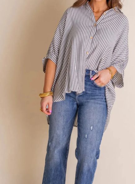 Verve 2025 Women's Spring/Summer New Striped Single-Breasted Mid-Sleeve Shirt_ecoleips.com