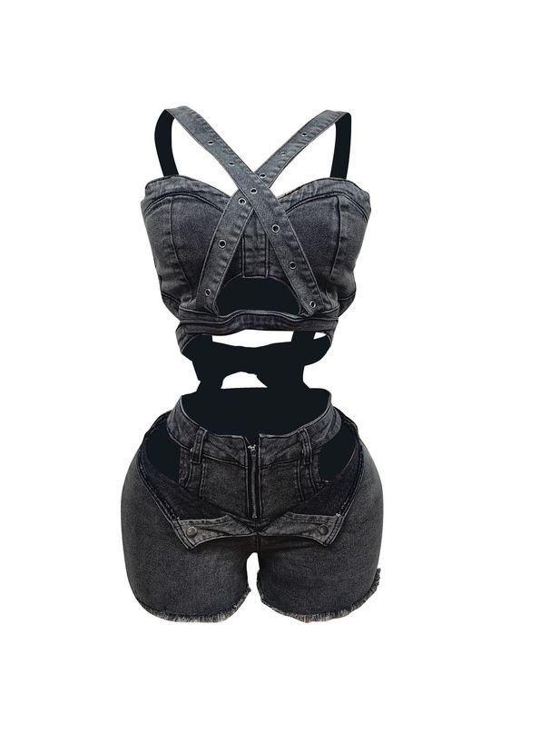 Women's Stretchy Denim Bralette & Distressed Shorts Set - Vintage High Waist Casual Outfit_ecoleips.com