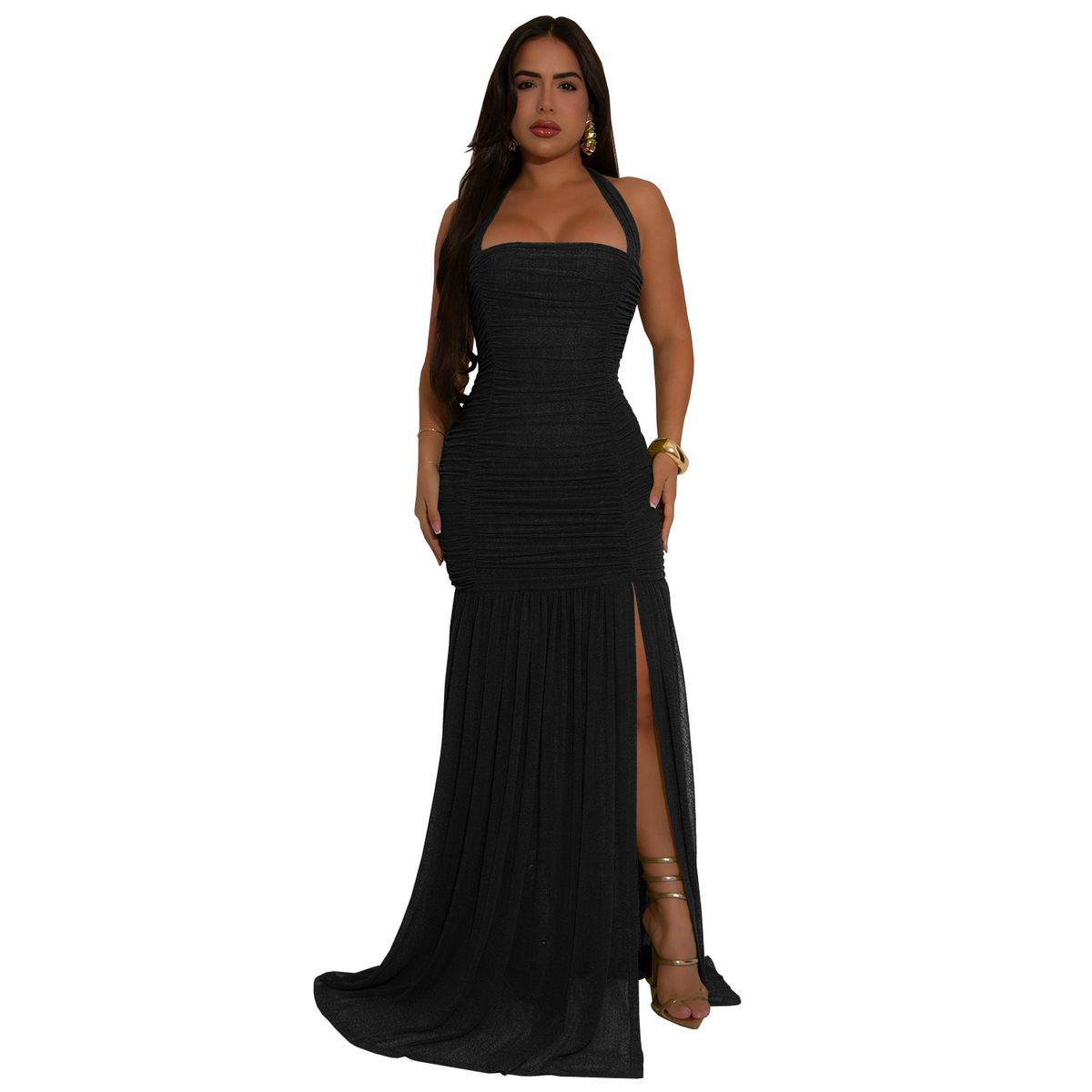 Women's Clothing Summer Mesh Sexy Slit Solid Color Dress_ecoleips.com