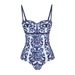 Elegant Black & White Contrast V-Neck Halter One-Piece Swimsuit With Floral Accents For Women Premium Nylon_ecoleips.com