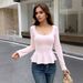 Voya Women's New Style U-neck Long Sleeved T-shirt, Pure Desire To Slim Fit Spicy Girl Ruffle T-shirt Top_ecoleips.com