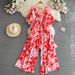 Gentle Style Women's Bubble Jumpsuit V Neck Short Sleeve High Waisted Slimming Porcelain Print Wide Leg Casual Jumpsuit_ecoleips.com