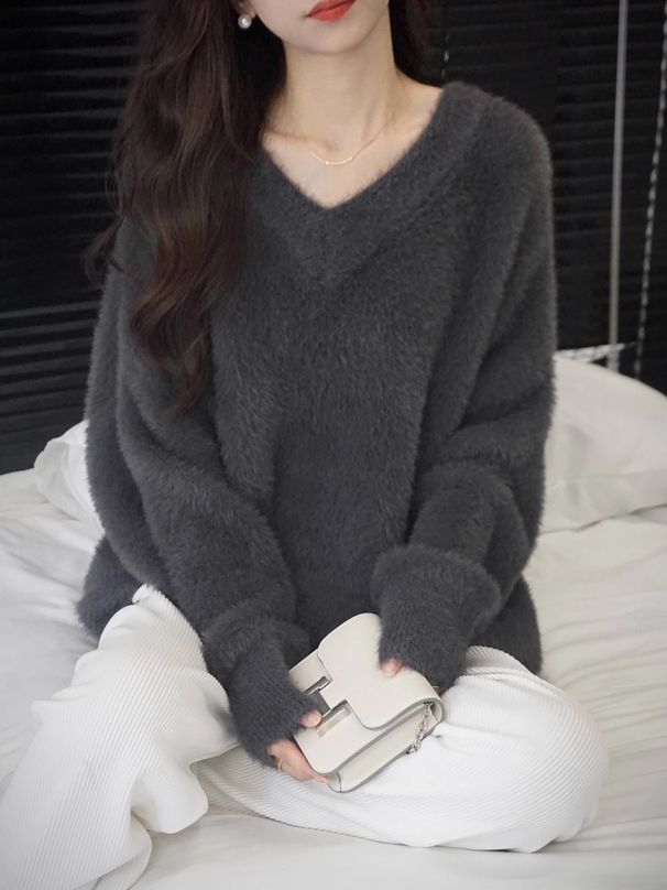 girl Cream Yellow Mink Velvet V-Neck Sweater Women, Loose Gentle Lazy Style Pullover Knitwear For Autumn And Winter, Thick_ecoleips.com
