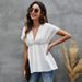 Voya Women's V-neck Bat Sleeve Loose Temperament T-shirt Spring New Style Pullover Solid Color Short Sleeved Top_ecoleips.com