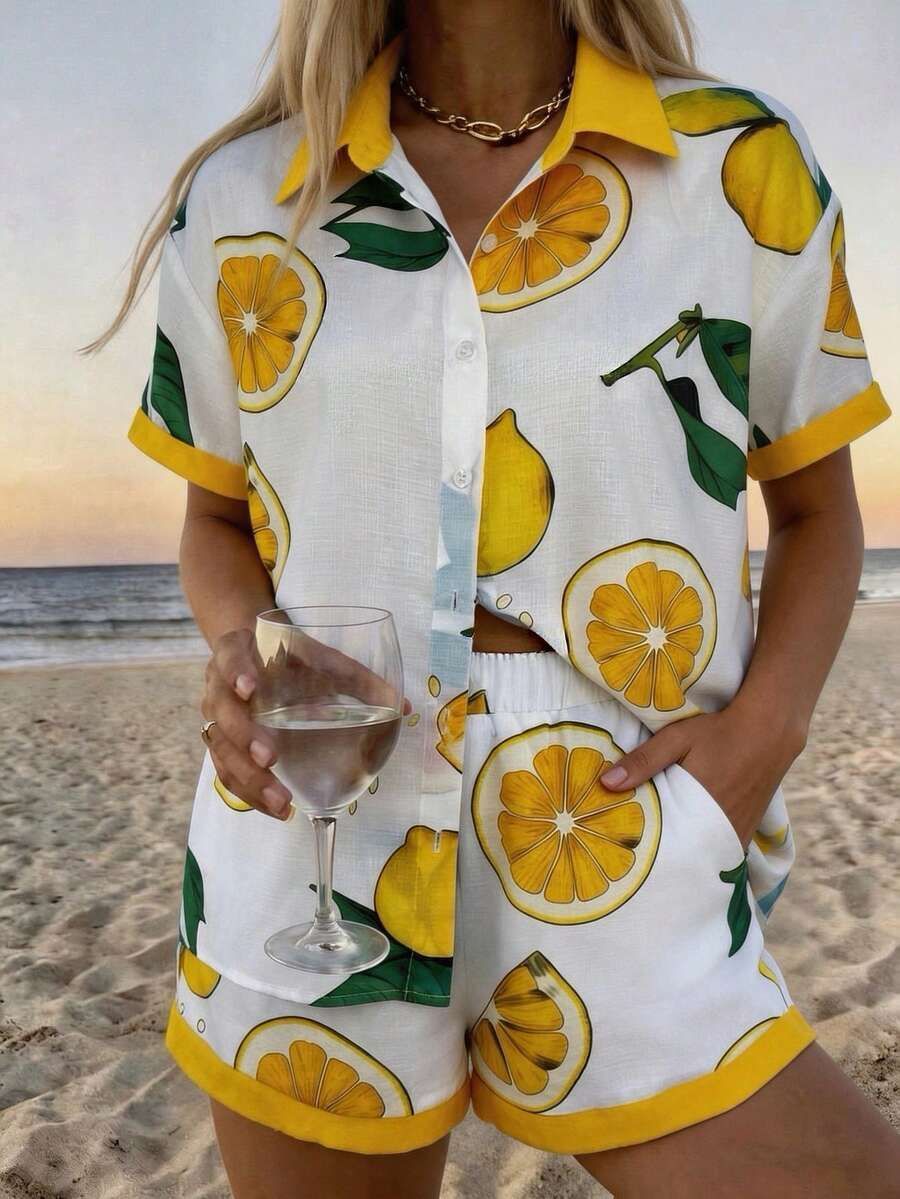 Women's Resort Style Printed Collared Shirt And Shorts Set Short Sleeve Summer Outfit_ecoleips.com