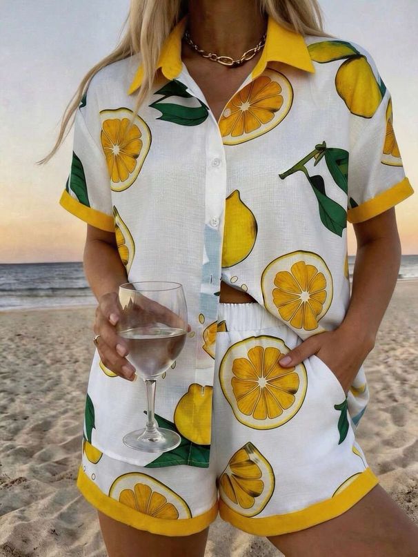 Women's Resort Style Printed Collared Shirt And Shorts Set Short Sleeve Summer Outfit_ecoleips.com