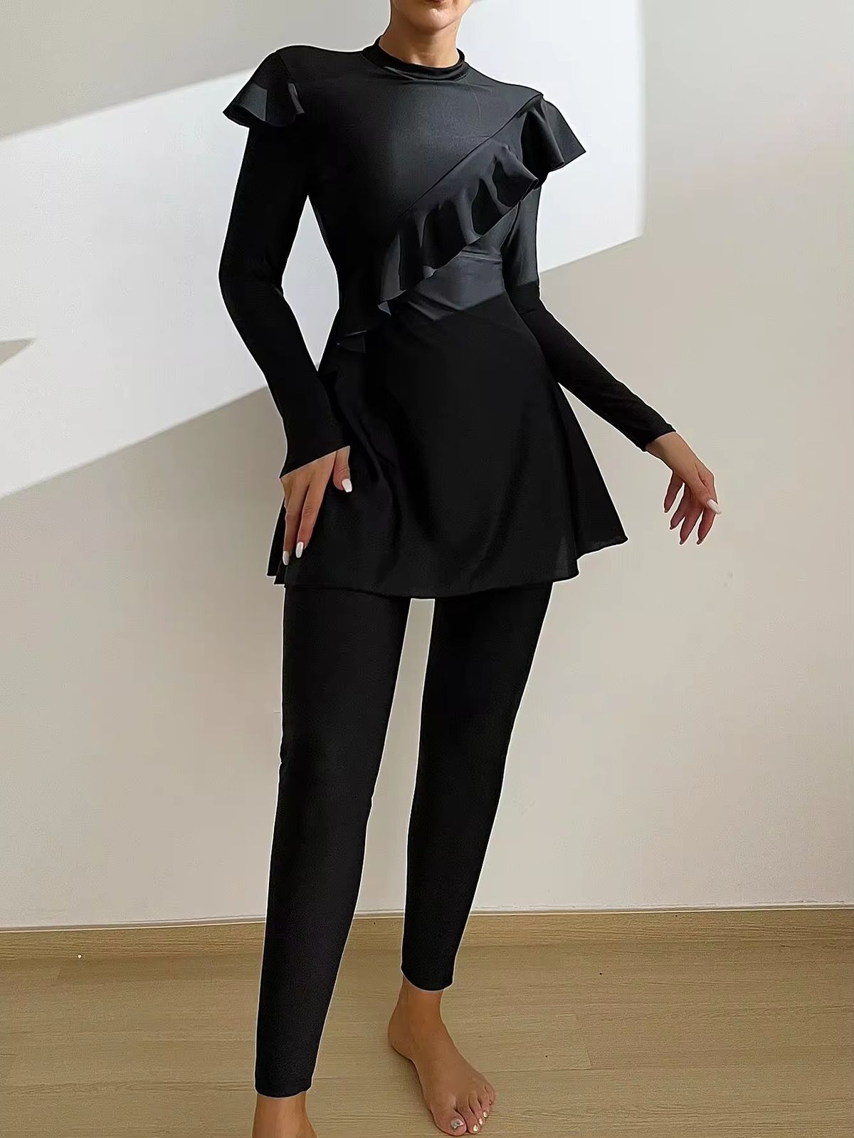 Women's Clothing 3 Pieces Muslim Swimsuit Solid Color Wood Muslim Women's Swimsuit_ecoleips.com