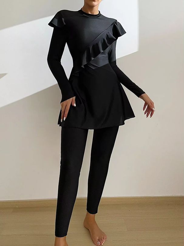 Women's Clothing 3 Pieces Muslim Swimsuit Solid Color Wood Muslim Women's Swimsuit_ecoleips.com