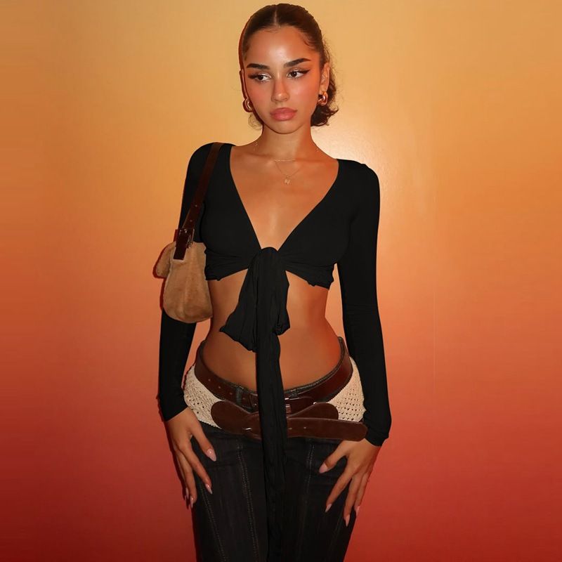 Street-style Design, Irregular Deep V-neck Tie-up Long-sleeve Blouse, Stylish And Versatile Casual Cropped Cardigan Top_ecoleips.com