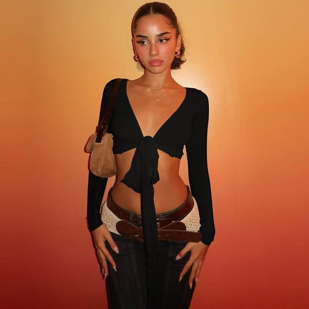 Street-style Design, Irregular Deep V-neck Tie-up Long-sleeve Blouse, Stylish And Versatile Casual Cropped Cardigan Top_ecoleips.com