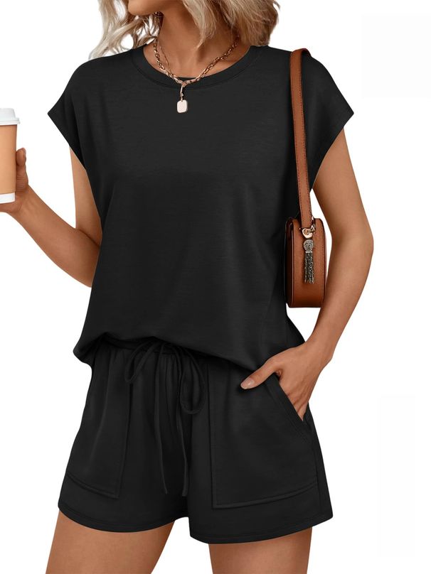 Women's Drawstring Shorts Set | Soft Round-Neck Top & Casual Shorts With Pockets For Summer Active Wear_ecoleips.com