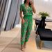European And American Women's Fashion Casual V Neck Printed Two Piece Suit Short Sleeved Trousers Set 2025 New_ecoleips.com