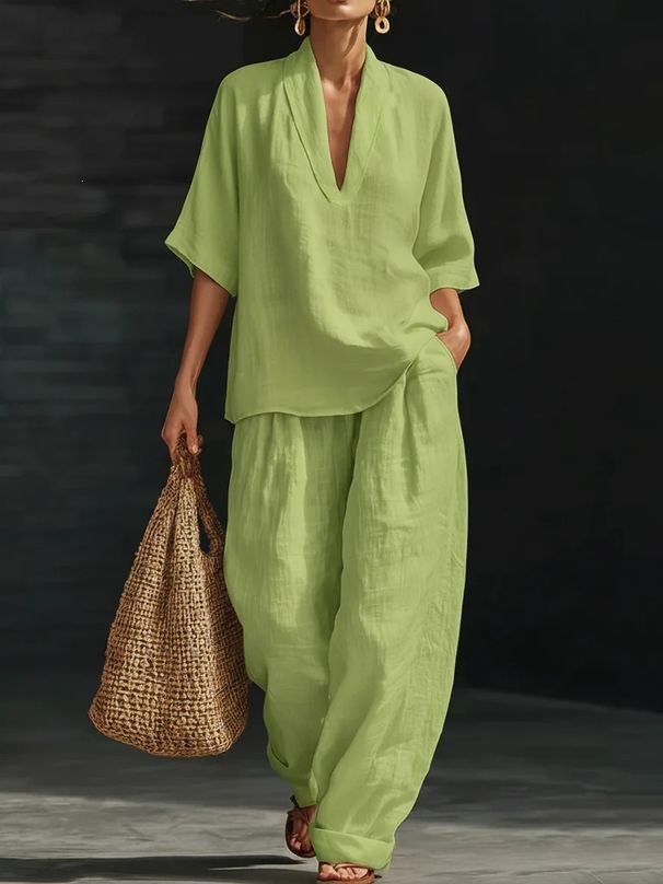 Spring/Summer Women's Casual Solid Color Two Piece Set V Neck Short Sleeve Pants Spring Summer New_ecoleips.com