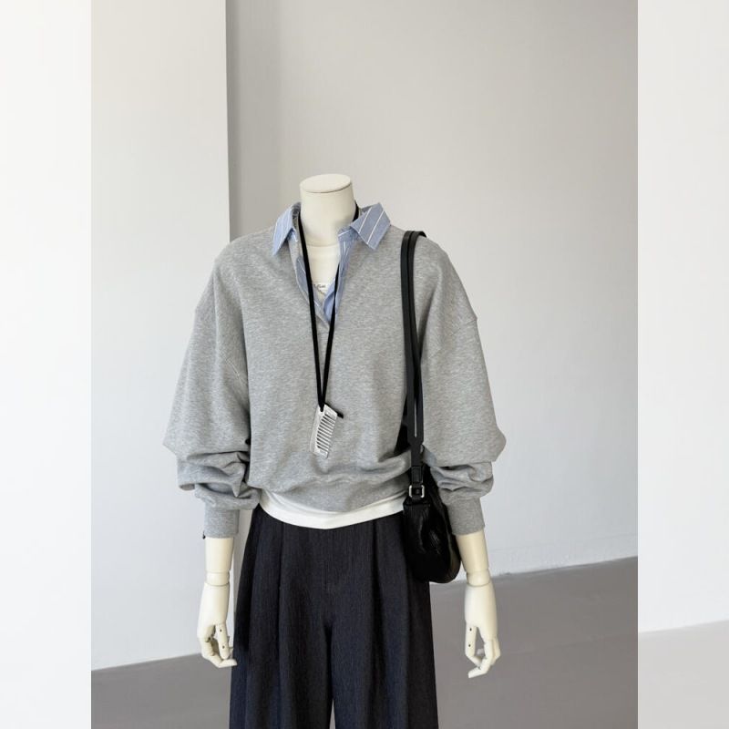 two-piece Polo Collar Gray Sweatshirt For Women, 2025 New Korean Style Early Autumn Design, Niche And High-end Top_ecoleips.com