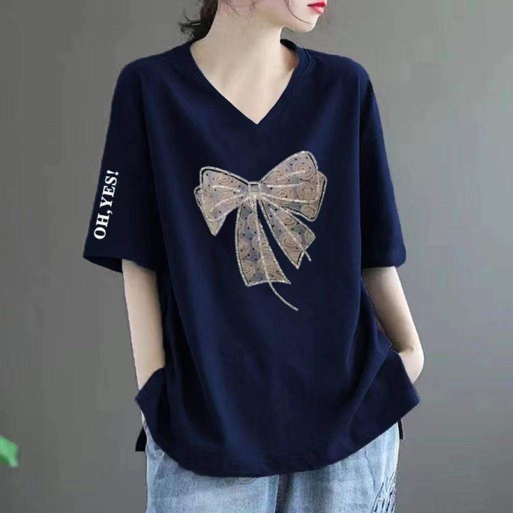 Women's Short Sleeve T-Shirts V Neck Printed Loose Fit Plus Size Casual Stylish Top For Middle-Aged_ecoleips.com