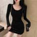 European Pure Desire Style Solid Color Dress, Fleece-lined, Tight-fitting, Bodycon, Autumn And Winter Base Layer, Subtly_ecoleips.com