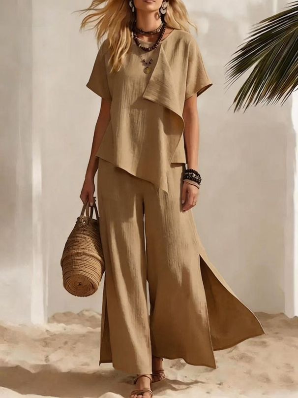 Summer Fashion Women's Casual Top And Wide Leg Pants Set Irregular Short Sleeve with Slit European And American Style_ecoleips.com