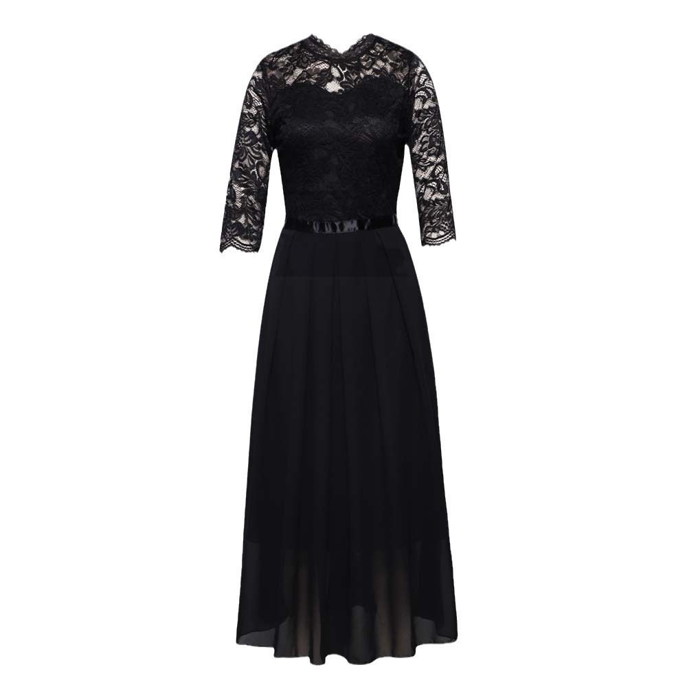 Women's Clothing Stitching Dress Round Neck Lace Long Dress Evening Dress_ecoleips.com