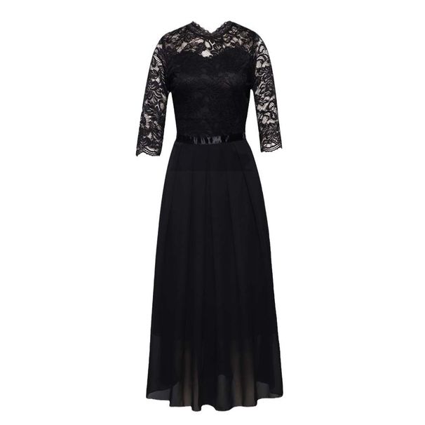 Women's Clothing Stitching Dress Round Neck Lace Long Dress Evening Dress_ecoleips.com