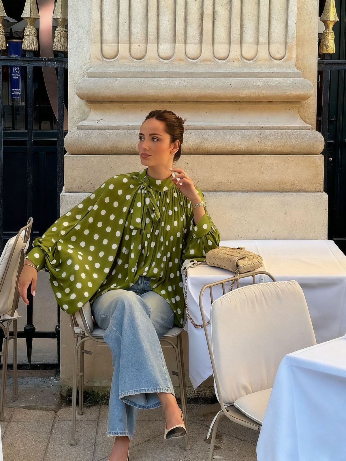 Elegant Loose Women's Polka Dot Shirt Tie Waist Lantern Sleeve Casual Blouse For Spring/Autumn_ecoleips.com