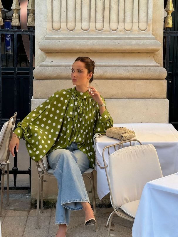 Elegant Loose Women's Polka Dot Shirt Tie Waist Lantern Sleeve Casual Blouse For Spring/Autumn_ecoleips.com