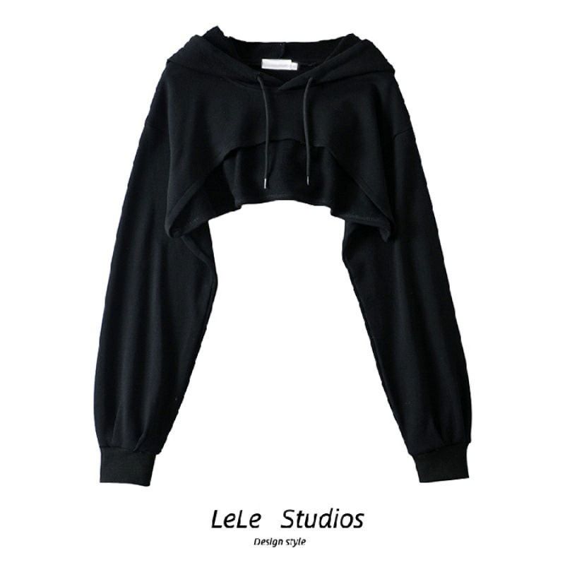 Cropped Hooded Sweatshirt – Women's Oversized Streetwear Top, Asymmetrical Hem & Long Sleeve (M-XL)_ecoleips.com