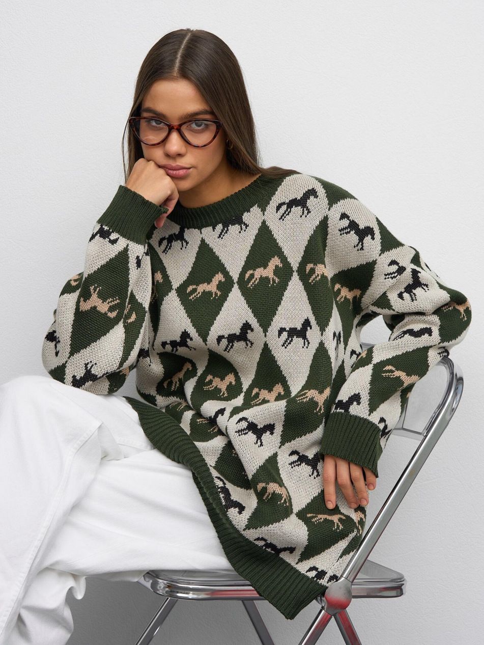 Round Neck Sweater Coat – Long Sleeve Knit Cardigan ( New Arrival, Color-Block Jacquard Design, Versatile Layering Piece, Soft & Stylish)_ecoleips.com