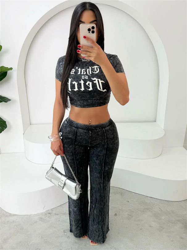 Women's Clothing High Street Hiphop Street Positioning Printing Short Sleeved Top Straight Trousers Suit_ecoleips.com