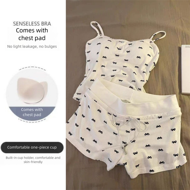 Pure Desire BM Women's Summer New Bow Print Camisole Pajamas With Chest Pads, Tank Top And Shorts Homewear Set_ecoleips.com
