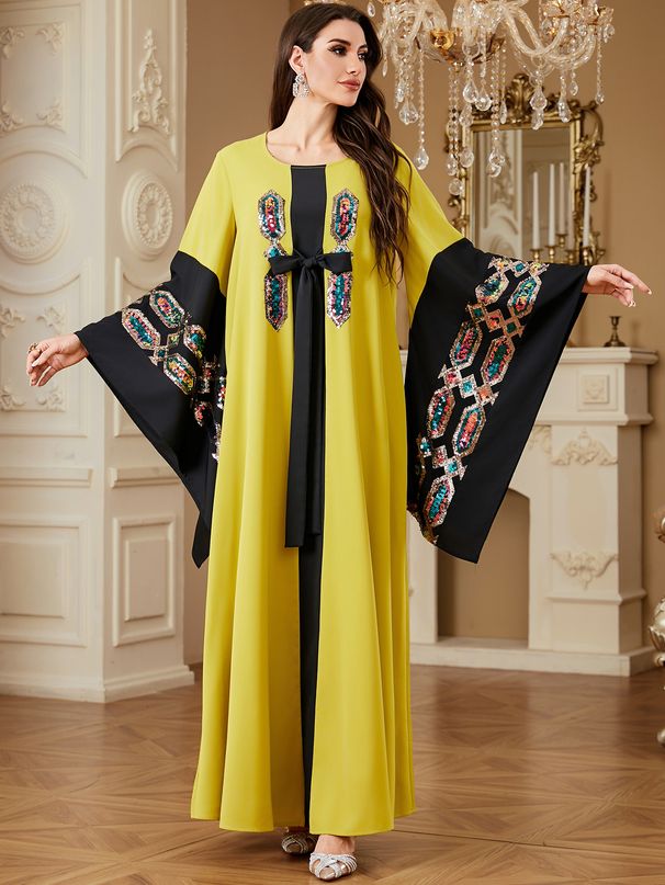 Elegant Long Kaftan Dress for Women with Sequined Embroidered Sleeves Cross Border Jalabiya Style 4366_ecoleips.com