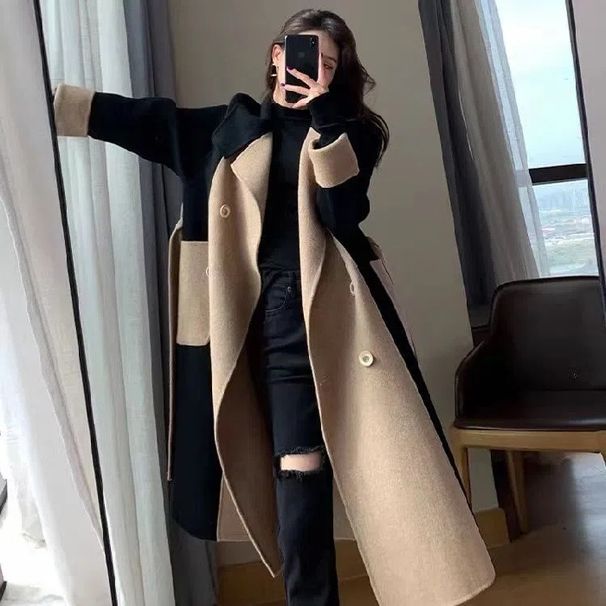 Women's Long Wool Blend Coat - Slim Fit Double-Sided Herringbone Trench Coat, Audrey Hepburn Style Winter Overcoat In Black (M-3XL)_ecoleips.com