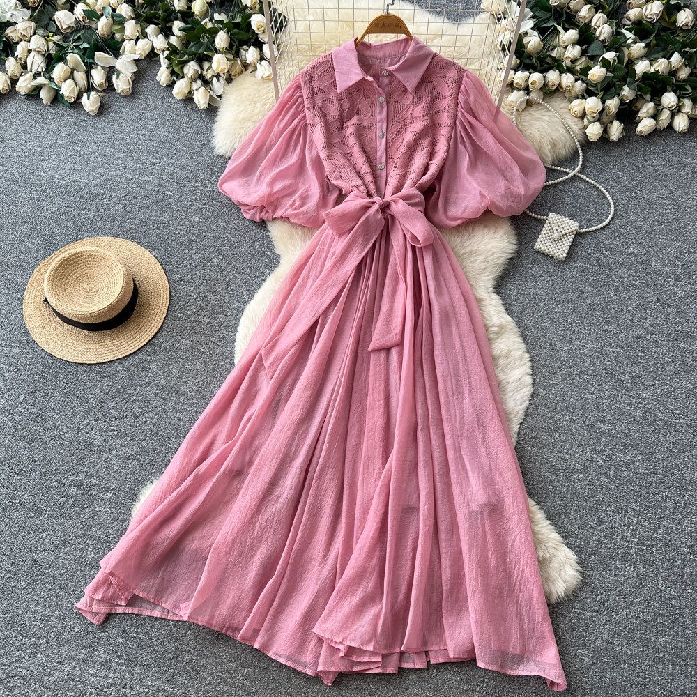 Women's French Style Soft Pink Lantern Sleeve Dress Korean Style Tie Waist A-Line Skirt Slimming Commuting Dress_ecoleips.com