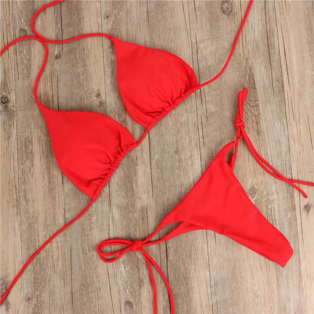 Women's bikini swimsuit solid color three-point sexy swimsuit for women with split adjustable straps_ecoleips.com