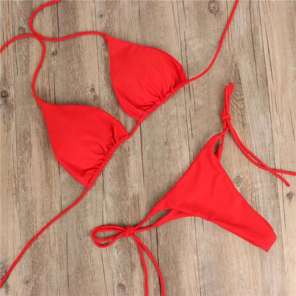 Women's bikini swimsuit solid color three-point sexy swimsuit for women with split adjustable straps_ecoleips.com