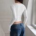 Cross-border European American Autumn Y2K Slim-fit Solid Color Long-sleeve U-neck T-shirt, Slimming And Sexy Ribbed Base_ecoleips.com