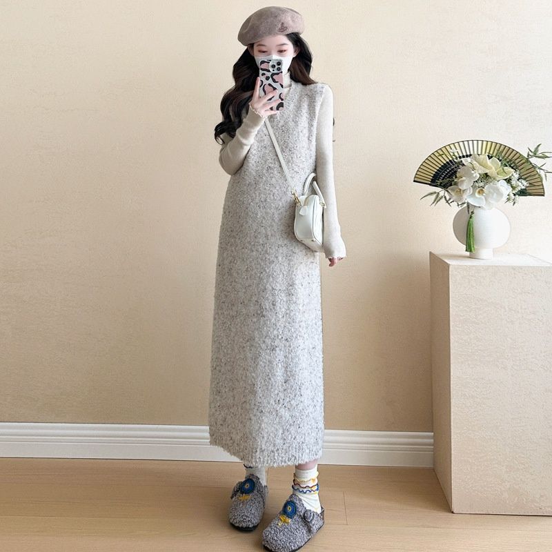 Autumn Winter New Korean Fashion Ruffled Edge 2-Piece Maternity Dress_ecoleips.com