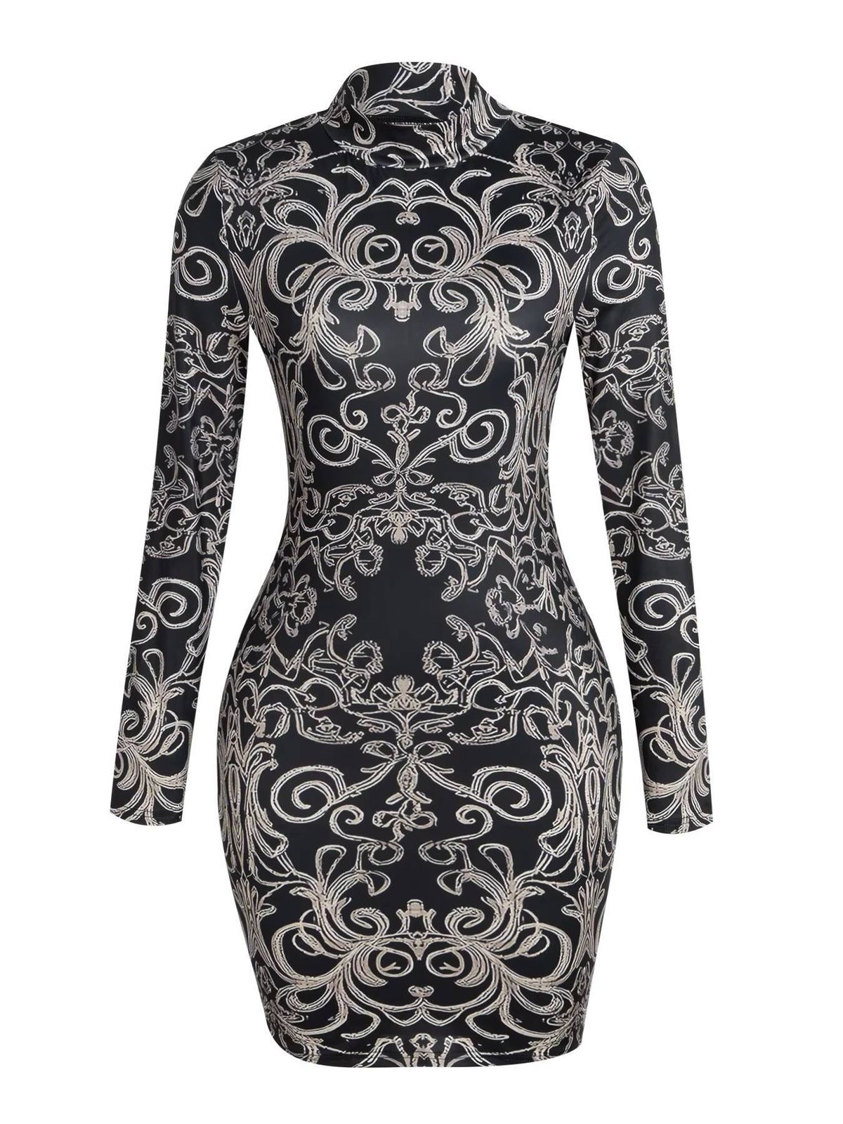 Women Dress High Neck Long Sleeve Baroque Print Ruched Bodycon Mini Gown Glam New Spring Summer Luxe Dress Party Club Flattering_ecoleips.com