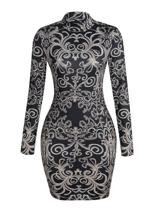 Women Dress High Neck Long Sleeve Baroque Print Ruched Bodycon Mini Gown Glam New Spring Summer Luxe Dress Party Club Flattering_ecoleips.com
