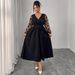 Plus Size V-Neck Lace Dress – Elegant Long Sleeve Belted Dress For Women, Flattering High Waist & Stylish_ecoleips.com