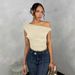 Women's Short Sleeved Asymmetrical Shoulder Top With Ruffles Solid Color For Autumn Spring_ecoleips.com