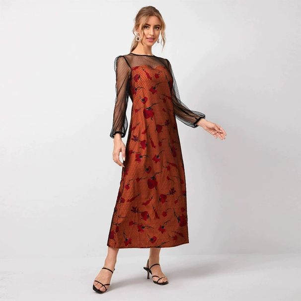 Custom-Made Women's Spring And Summer Round-Neck Long-Sleeved Digital Printed Mesh Dress_ecoleips.com