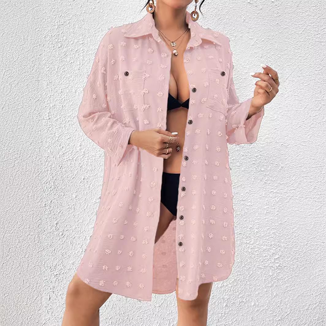 Verve 2025 New Chiffon Jacquard Large Pom-Pom Loose Casual Cardigan Shirt Women's Fashion_ecoleips.com