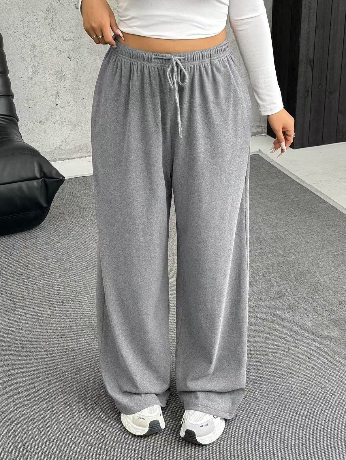 Relaxed Straight-Leg Pants With Drawstring Waist – Polyester-Spandex Blend Casual Trousers For Women (S-3XL, Gray/Black/Brown, Comfort Stretch)_ecoleips.com