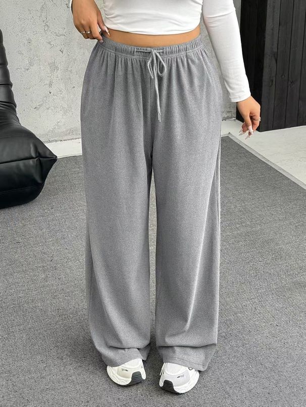 Relaxed Straight-Leg Pants With Drawstring Waist – Polyester-Spandex Blend Casual Trousers For Women (S-3XL, Gray/Black/Brown, Comfort Stretch)_ecoleips.com