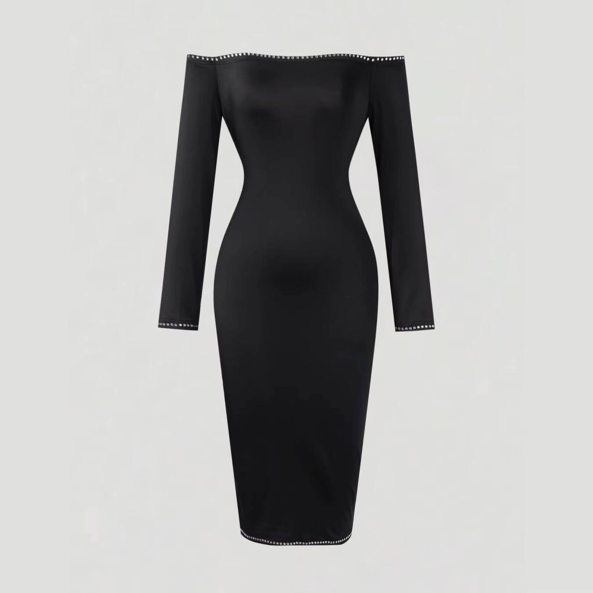 Midi Dress Spring Summer Women Black Satin Off-the-Shoulder Long Sleeve Pearl Trim Bodycon Trendy Sexy Party Cocktail Dress_ecoleips.com