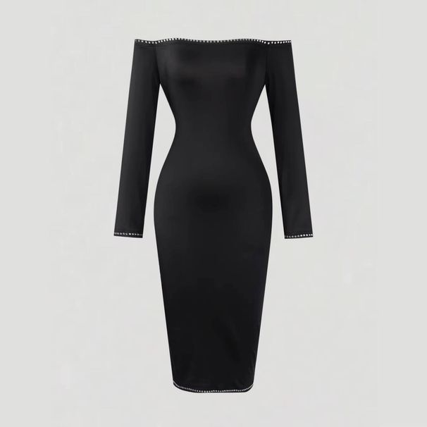 Midi Dress Spring Summer Women Black Satin Off-the-Shoulder Long Sleeve Pearl Trim Bodycon Trendy Sexy Party Cocktail Dress_ecoleips.com