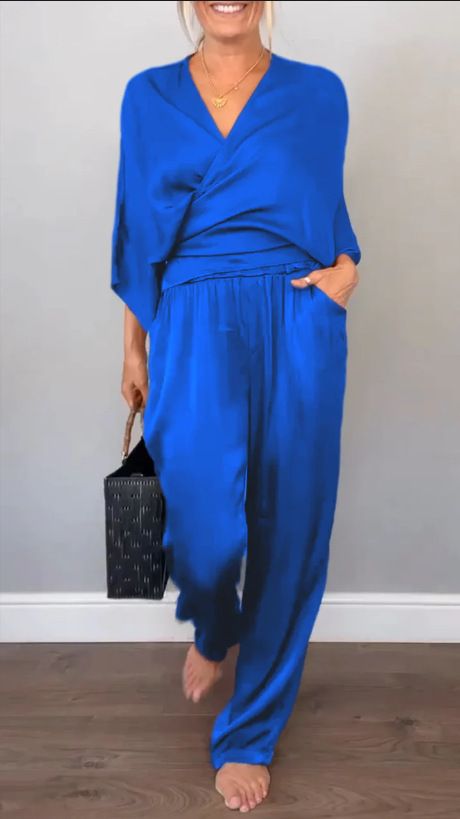 Women's Clothing Solid Color Satin Short Sleeved Tops And Pants Suit Women_ecoleips.com
