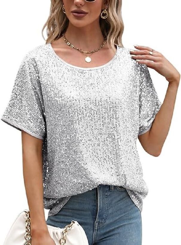 Women's Casual Sequined Off-Shoulder T-Shirt Loose Fit Short Sleeve Crew Neck Style Top_ecoleips.com