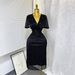 Women's Clothing Elegant V Neck Waist Hot Diamond Shiny Short Sleeve Fashion Dress_ecoleips.com