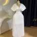Women's Clothing Spring New Style Elegant Pleated V Neck Bat Sleeve High Waist A Line Dress Long Skirt_ecoleips.com